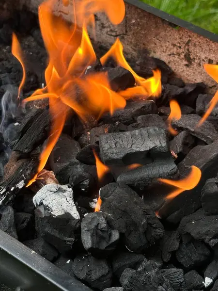 Vertical Close Fire Flames Charcoal Bbq Grill — Stock Photo, Image