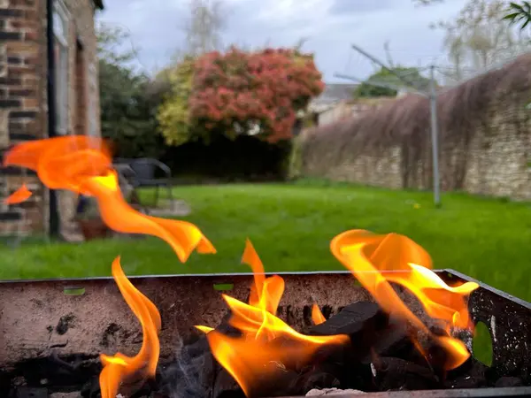 Cropped Close Barbecue Grill Fire Flames Stock Picture
