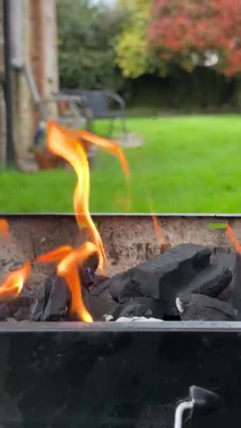 Gros Plan Des Flammes Feu Dans Une Fosse Barbecue Gargène — Video