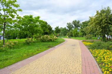 Sarı ve kırmızı tuğlalı yol yemyeşil bir park boyunca kıvrılıyor, canlı çiçek tarlaları, ağaçlar ve arka planda bir oyun parkının görüntüsü, sakin ve davetkar bir atmosfer yaratıyor.