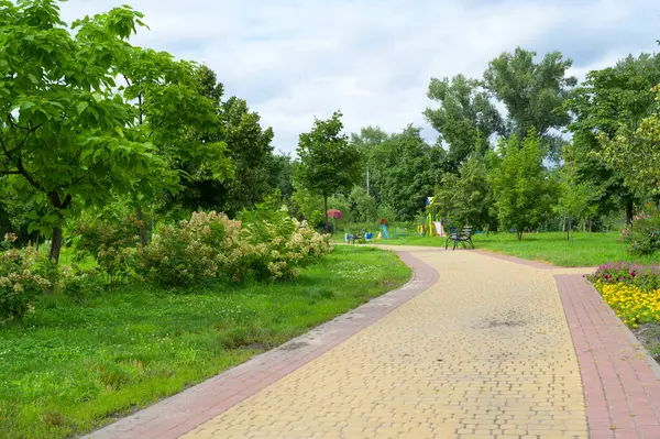 Bereketli yeşil ağaçlar ve çalılar, huzurlu bir park ortamında renkli bir oyun alanına giden dolambaçlı asfalt bir yol çerçevesi oluşturarak, çocukların dinlenmesi için mükemmel bir yer sunuyor.