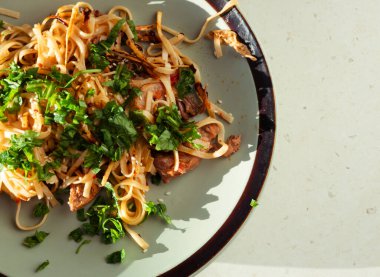 Açık yeşil tabak ev yapımı makarna. Taze et, taze otlar ve susam tohumlarıyla karıştırılmış. Hepsi de rahat bir mutfak masasında güneş ışığıyla aydınlatılıyor.