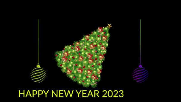 Happy New 2023 Text Med Dekorationer Animation Svart Bakgrund — Stockvideo