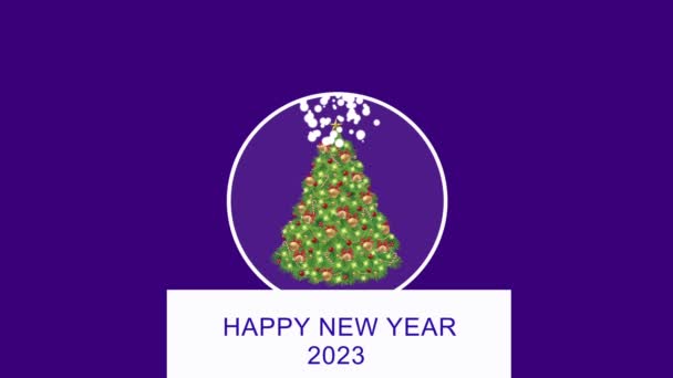 Прикрашена Ялинка Подарунками Синьому Фоні Текстом Happy New Year 2023 — стокове відео