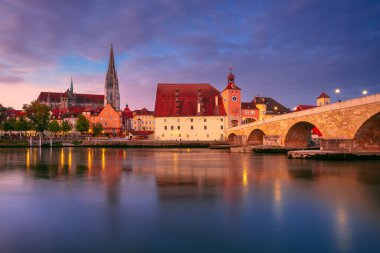  Regensburg, Almanya. Tuna Nehri üzerindeki Eski Taş Köprüsü ve sonbahar gündoğumunda St. Peter Katedrali ile Almanya 'nın Regensburg kentinin manzarası.