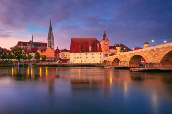 Regensburg Németország Városkép Németországi Regensburgról Duna Feletti Régi Kőhíddal Szent Jogdíjmentes Stock Képek