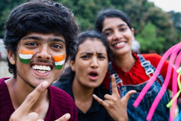 Focus Boy Cheerful Excited Happy Friends Painted Indian Flag Face — Stock Photo, Image