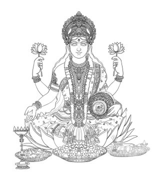 İzole edilmiş arkaplanda Tanrıça lakshmi devi çizgisi.
