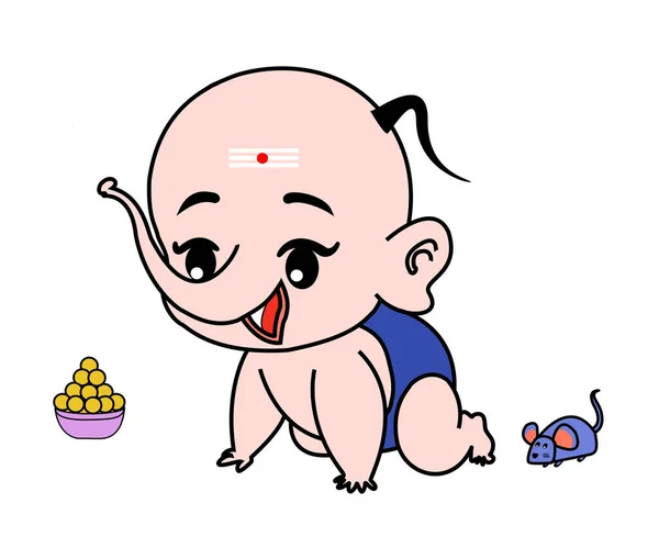 Glad Baby Lord Ganesha Med Söt Eller Laddu Och Mus — Stockfoto