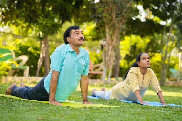 Индийская Здоровая Пожилая Пара Занимающаяся Йогой Тренирующаяся Парке Концепция Здорового — стоковое фото