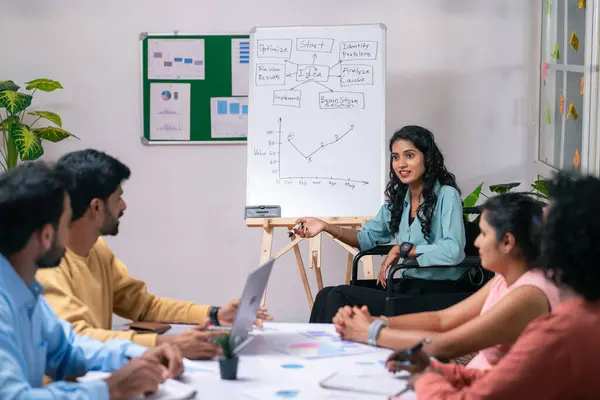 Businesswoman on wheelchair explaining from white board during team meeting at office - concept of empowerment, corporate planning and inspiration or motivation
