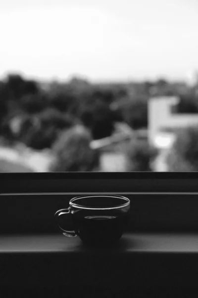 Balkonun Çerçevesinde Bir Fincan Kahve Duruyor Siyah Beyaz Fotoğrafçılık — Stok fotoğraf