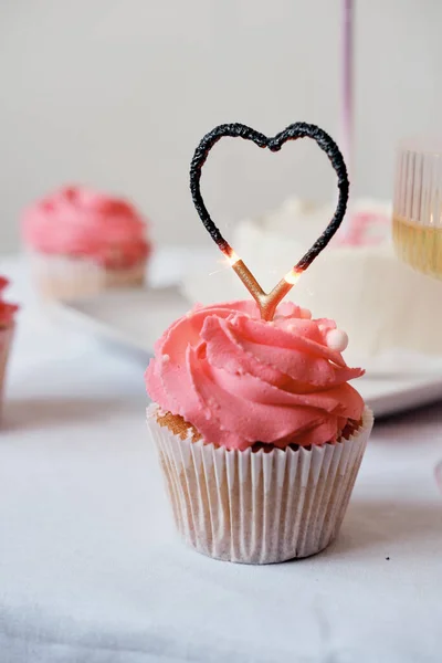 Cupcake Pink Whipped Cream Burnt Out Candle Form Heart Close — Stock Photo, Image