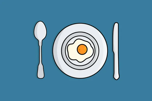 Smażone Jajko Płytce Ilustracją Wektora Łyżki Noża Koncepcja Ikony Śniadaniowej — Wektor stockowy