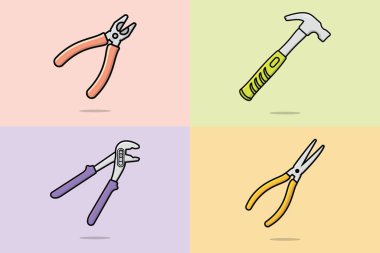 Mekanik çalışma araçları vektör illüstrasyonu seti. Pense, Pençe Çekiç Kesme Kerpeteni ve Ayarlanabilir Su Pompası alet vektör tasarımı. İç mekanlar servis onarımı, çalışma araçları simgesi tasarımı.