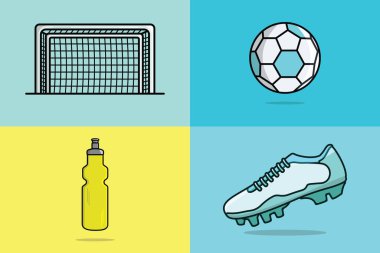 Futbol sporu koleksiyonu vektör illüstrasyonu nesneleridir. Gol Ağı, Futbol Topu, Ayakkabı, Mineral Su Şişesi ikon vektör tasarımı. Renkli spor unsurları nesne simgesi kavramı.