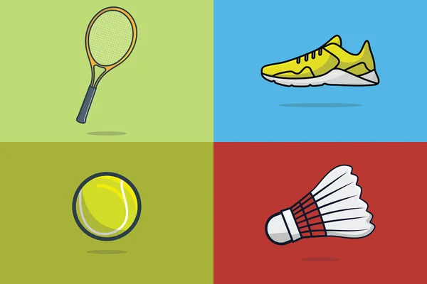 Badminton and Tennis Ball sports game collection vector illustration. Sports objects icon concept. Badminton, Tennis Ball, Shoe and Racket sports icon ... See More