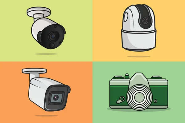 Collection Digital Cameras Vector Illustration Science Technology Objects Icon Concept — Vector de stock