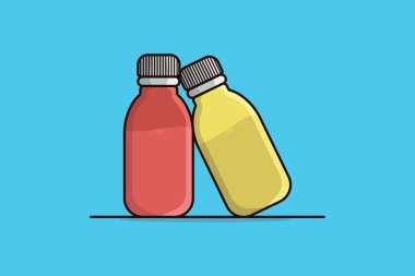 Two Cough Syrup Bottles vector illustration. Health and medical object icon concept. Cough bottle with herbal cough remedy, herbal medicine. Treatment of flu, illness, disease.