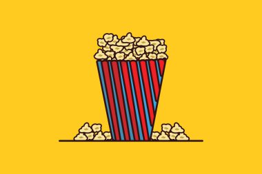 Popcorn In Popcorn Pack vector illustration. Movie cinema icon concept. Snack food. Big red blue strip box with popcorn vector design with shadow on yellow background.