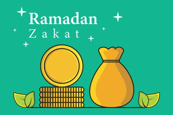 stock vector Stack of gold coins and charity money bag for zakat in holy month of Ramadan vector illustration. Muslim concept for zakat property, income and 