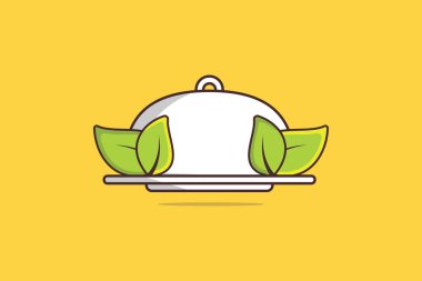 Yeşil Yapraklı Restoran Servis Tepsisi Gıda vektörü çizimi için. Restoran içi nesne ikonu konsepti. Sıcak yemek ikonu logosu için kapaklı tepsi. Yaprak vektörlü tabak. Gıda logosu ve simgesi.