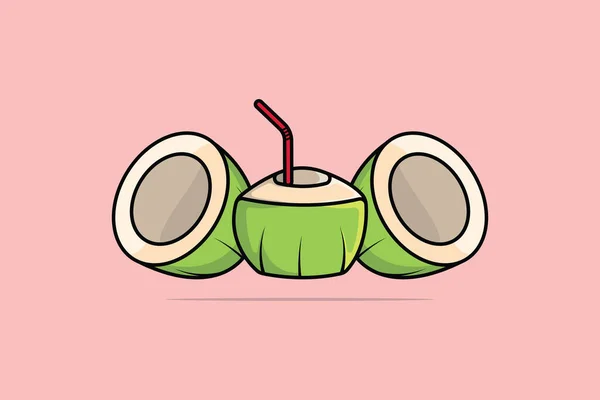 Frutas Coco Verde Com Ilustração Vetorial Palha Fatia Coco Conceito —  Vetores de Stock