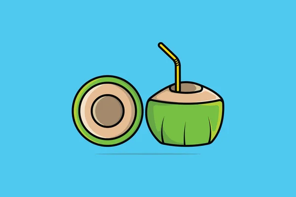 Zelené Kokosové Ovoce Slámou Plátek Kokosového Vektoru Ilustrace Koncept Ikon — Stockový vektor