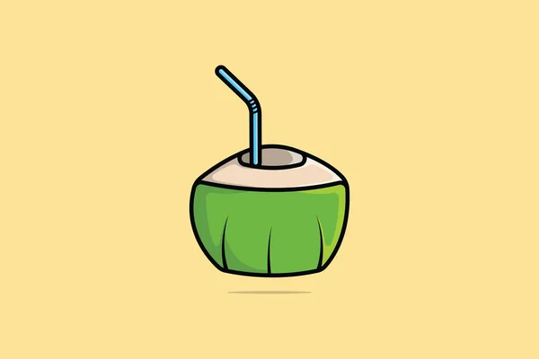 Zelené Kokosové Ovoce Vektorovou Ilustrací Slámy Koncept Ikon Potravinových Objektů — Stockový vektor
