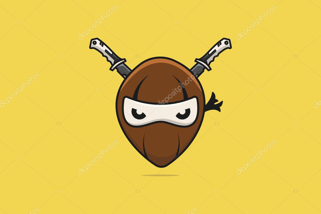 Coconut Ninja with Swords vector illustration. Food objects icon concept. Ninja mascot with old coconut vector design. Creative ninja coconut logo icon.
