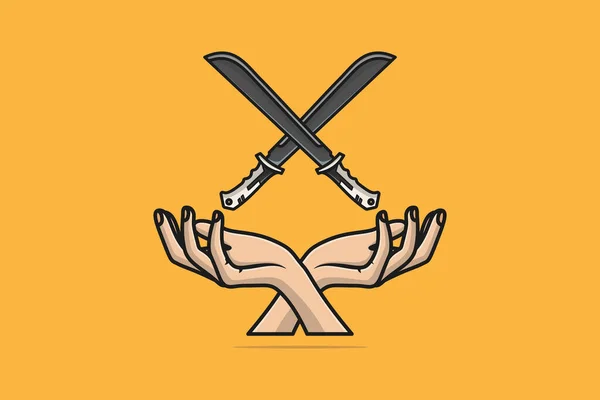 金属剣とクラッチハンドベクトルイラスト 休日オブジェクトアイコンの概念 クロスサインベクターデザインの剣と手 創造的な手と剣のアイコンのロゴ 抗議のロゴ — ストックベクタ