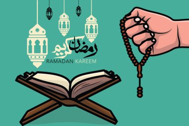 Ramazan ayı İslam 'ın kutsal ayı. İllüstrasyonu Kuran ve Boncuk Vektör Tasarımı El Tutma Bölümü ile selamlıyor. İslam bayramı ikonu konsepti. Kuran okuyun, Kuran okuyun.