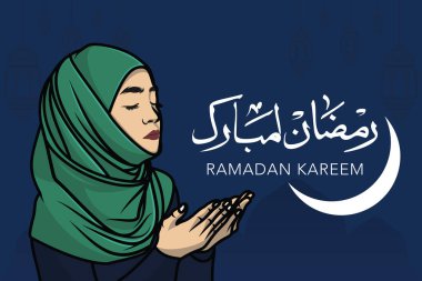 Arap İslam kaligrafisi Ramazan Kareem veya Ramazan Kareem tebrik kartı ile tesettürde namaz okuyan Müslüman bir kız. Ramazan Kareem vektör illüstrasyon poster tasarımı.