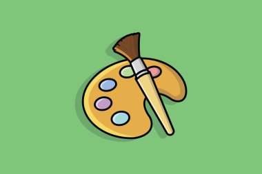 Renkli Palet vektör illüstrasyonlu boya fırçası. Resim aracı ögesi simgesi konsepti. Yeşil arkaplanda resim ve boya fırçası ikonu tasarımı.