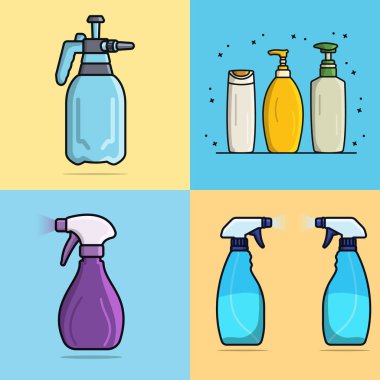 Doğal sabun ya da şampuan şişeleri ve dezenfekte ve temizlik sprey şişeleri vektör çizimi seti. Sağlık ve temizlik hizmeti nesneleri kavramı. Sıvı şişe koleksiyonu vektör tasarımı.