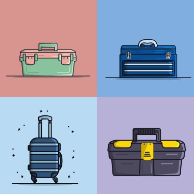 Collection Of Tool boxes and Traveling bag vector illustration. Traveling and working tool equipment icon concept. Toolkit for builder or industrial store. Portable plastic tool boxes vector design. clipart