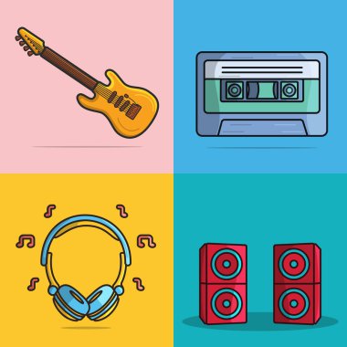 Müzik vektörü illüstrasyonu seti. Gitar, kulaklık, hoparlör ve Kaset Teknolojisi eğlence ikonu