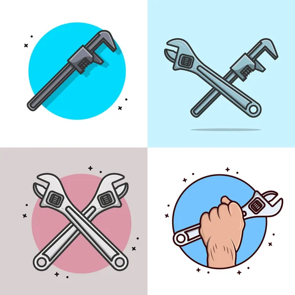 Collection Adjustable Wrench Pipe Wrench Tool Vector Illustration Mechanic Plumber — Stock Vector