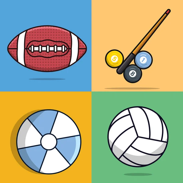 Набір Спортивних Американського Футболу Волейболу Більярдної Палички Кульок Барвиста Пляжна — стоковий вектор