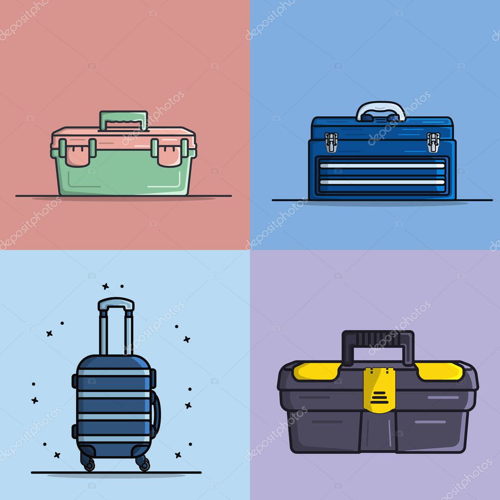 Collection Of Tool boxes and Traveling bag vector illustration. Traveling and working tool equipment icon concept. Toolkit for builder or industrial store. Portable plastic tool boxes vector design.