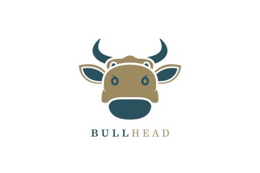 Buffalo Cow ox Bull Head vektör logosu tasarımı. Hayvan doğa ikonu konsepti. Beyaz arka planda boğa başlı vektör tasarımı, çiftlik ve çiftlik hayvanı logosu tasarımı. Saldırgan boğa kafasının basit tasarımı.