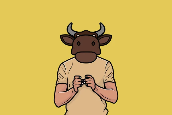 年轻男子身体牛头矢量插图 动物和人类对象图标概念 头戴公牛头 穿着T恤衫的时尚动物角色的男人 — 图库矢量图片