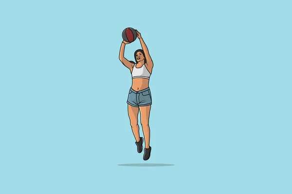 一个女人拍了一针一个篮球运动员矢量的例子 体育活动的象征概念 有篮球运动员的女子准备投篮 — 图库矢量图片