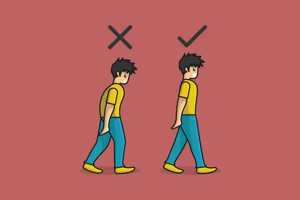 错误和正确的位置为步行矢量插图 人民医疗保健图标概念 角色向量设计的运动动画 — 图库矢量图片#