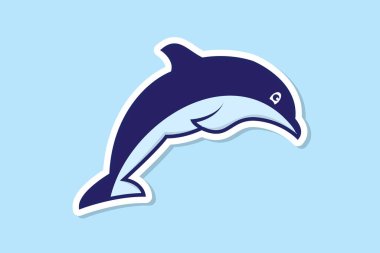 Atlayan yunus balığı çıkartması tasarım vektör çizimi. Hayvan doğa ikonu konsepti. Yunus balığı çizgi film maskotu karakter çıkartması logosu.