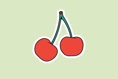 İki Sulu Kırmızı Kiraz logo çıkartması tasarım vektörü. Yiyecek nesneleri simgesi konsepti. Kiraz çıkartması tasarımı logo simgesi.