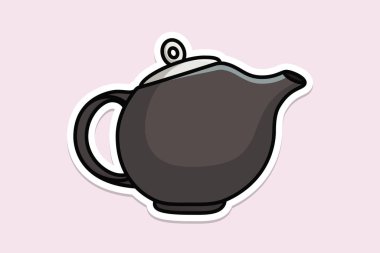 Yuvarlak Shape Tea Kettle çıkartması tasarım vektör çizimi. Mutfak içi nesne ikonu konsepti. Gölgeli kapalı kapak çıkartmalı mutfak ısıtıcısı..