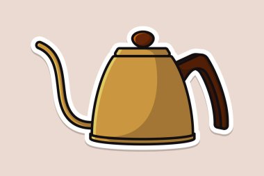 Benzersiz Stil Kettle çıkartması tasarım vektörü çizimi. Mutfak içi nesne ikonu konsepti. Gölgeli kapalı kapak çıkartmalı Mutfak Çaydanlığı. Restoran Kettle simgesi logosu.
