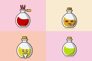 Çizgi film yüz vektör illüstrasyonlu iksir şişeleri koleksiyonu. Bilim objesi simgesi konsepti. Cadılar Bayramı ikonu. Cadılar Bayramı içki tasarımı. Çizgi film karakteri içki şişesi vektör tasarımı.