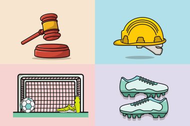 Collection of Builder Safety Helmet, Football Shoes Pair, Goal Net, and Wooden judge gavel vector designs. clipart